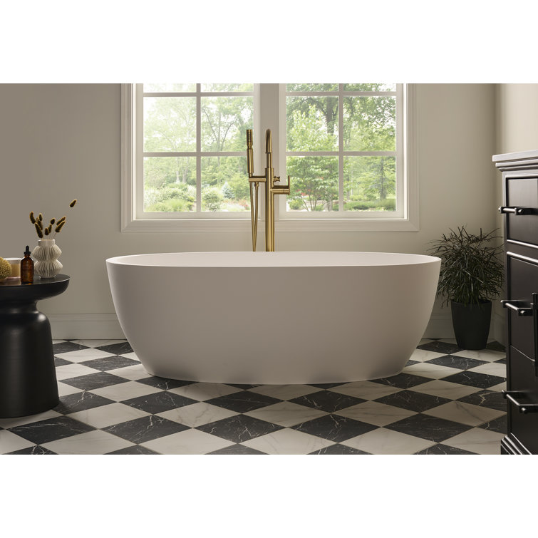 Matte White Oval Freestanding Solid Surface Bath Tub, 66-inch