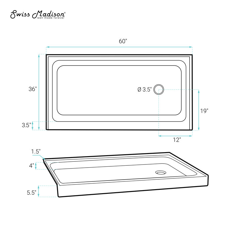 Voltaire 60" x 36" White Acrylic Shower Base with Right-Hand Drain