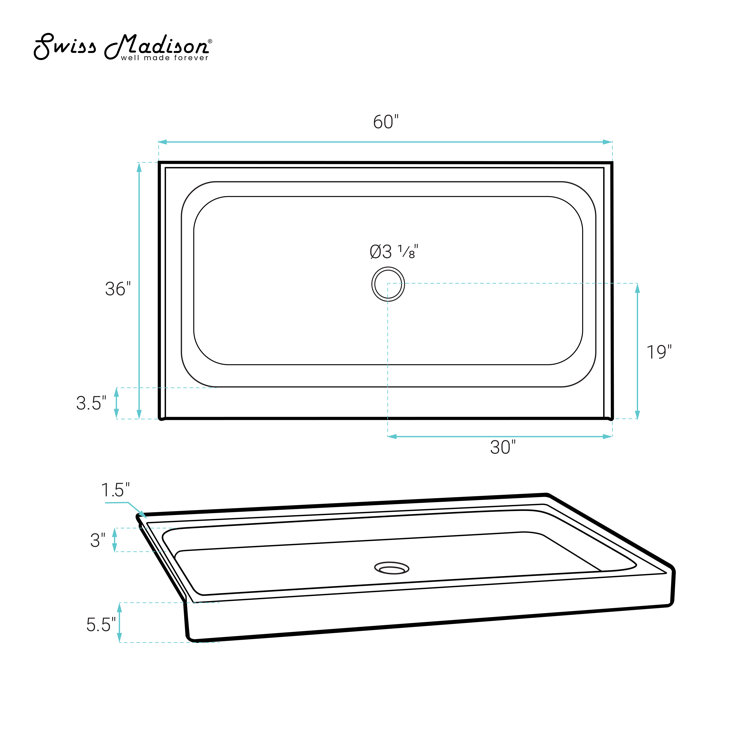 Voltaire 60" x 36" Glossy White Acrylic Shower Base