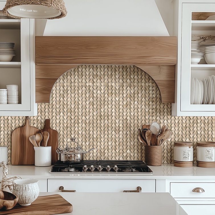 Beige Polished Marble Herringbone Mosaic Wall Tile