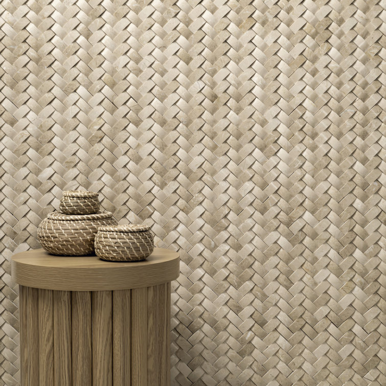 Beige Polished Marble Herringbone Mosaic Wall Tile