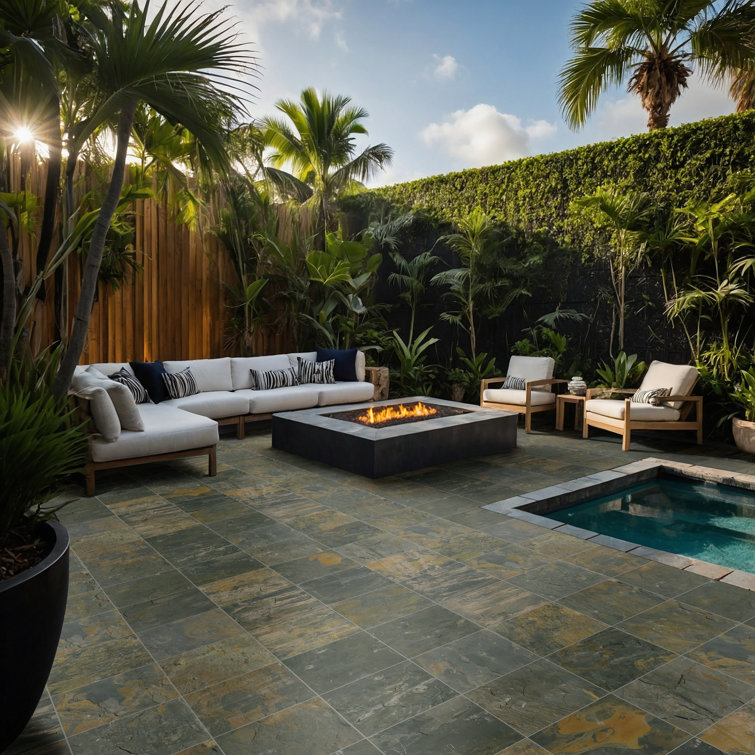 Rustic Gold and Gray Slate Square Outdoor Tile