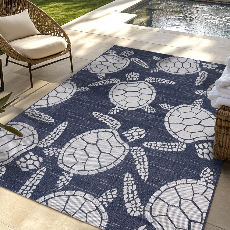 Navy and White Synthetic Coastal Sea Turtle 5' x 7' Area Rug