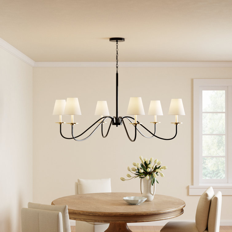 Black and Brushed Brass 6-Light Candle Chandelier with White Shades