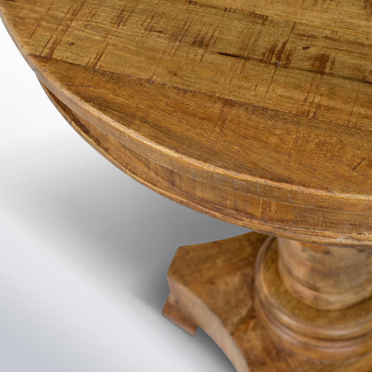 Natural Brown Mango Wood Round End Table with Carved Pedestal Base