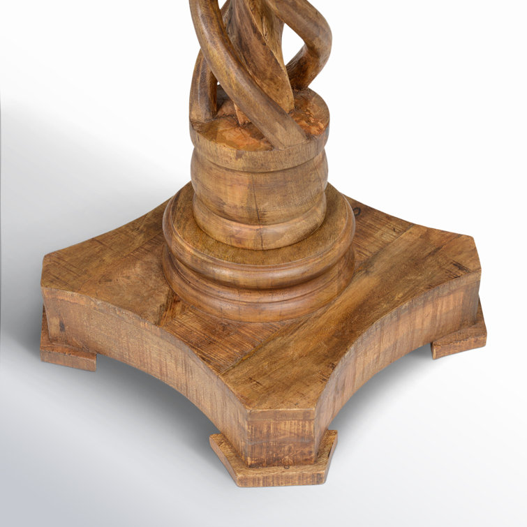 Natural Brown Mango Wood Round End Table with Carved Pedestal Base