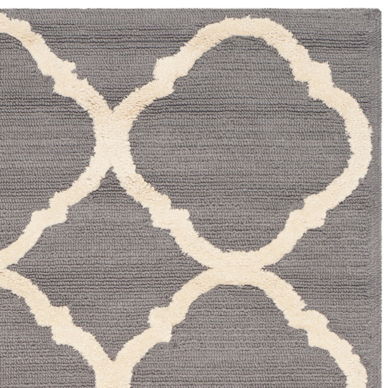 Grey and Ivory Hand-Hooked Wool Geometric Square Rug