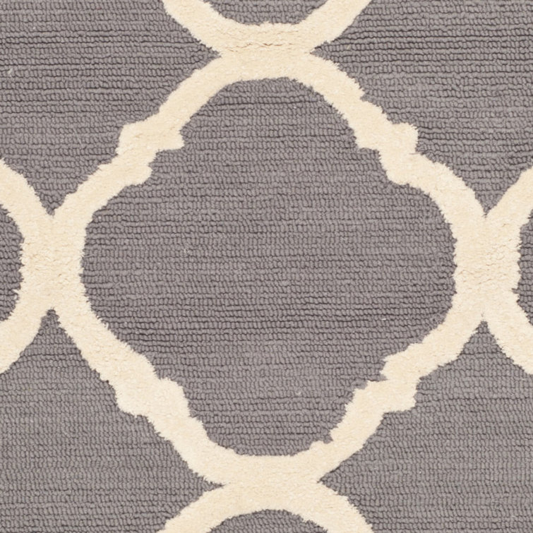 Grey and Ivory Hand-Hooked Wool Geometric Square Rug