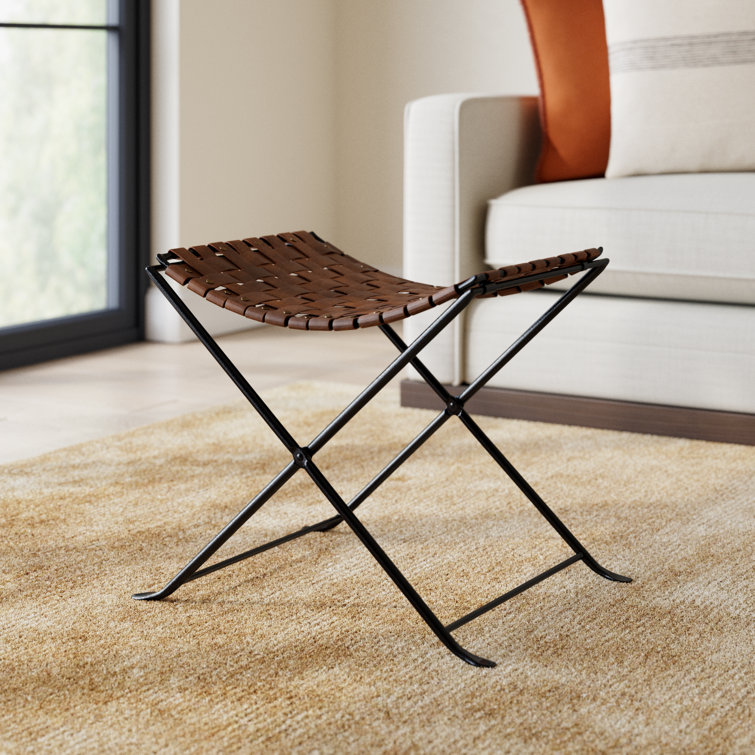 Rustic Charm Black Iron and Brown Leather Stool with Nailhead Trim