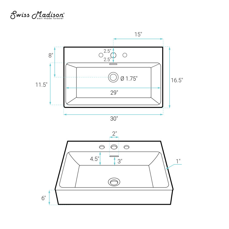 Claire 30" White Ceramic Wall-Mount Rectangular Bathroom Sink