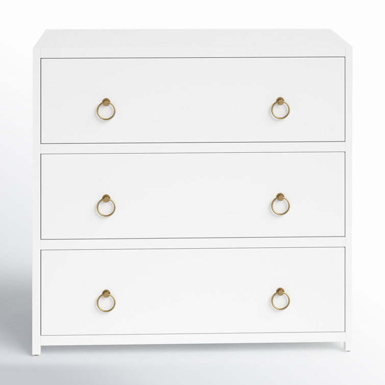 Elegant White Acacia 3-Drawer Chest with Gold Metallic Hardware