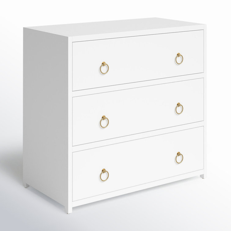 Elegant White Acacia 3-Drawer Chest with Gold Metallic Hardware