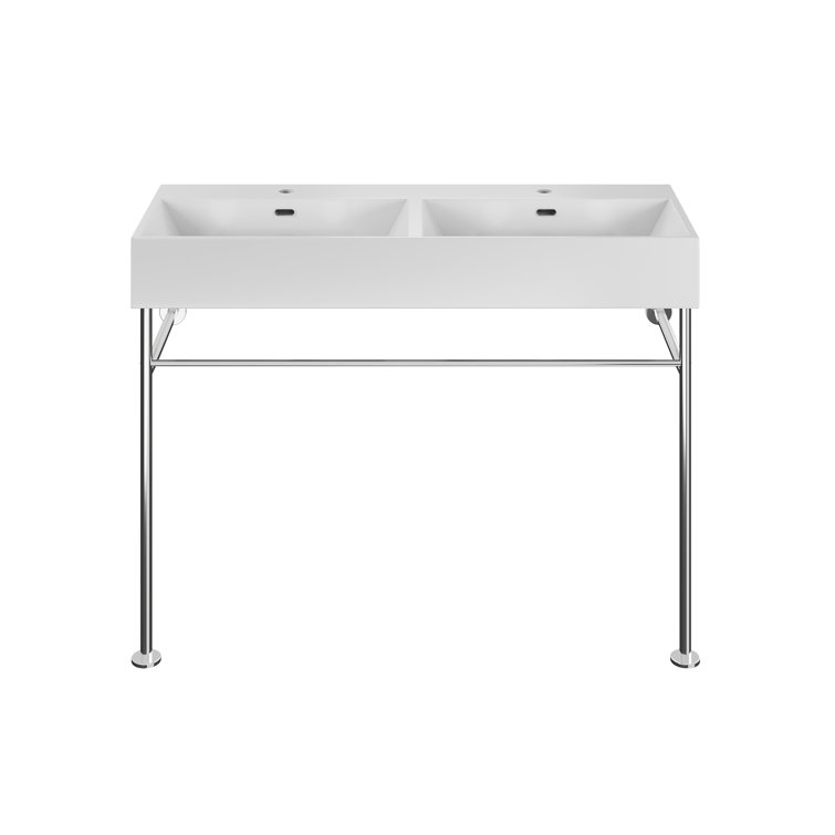 Claire 48" White Ceramic Double Basin Console Sink with Polished Chrome Legs