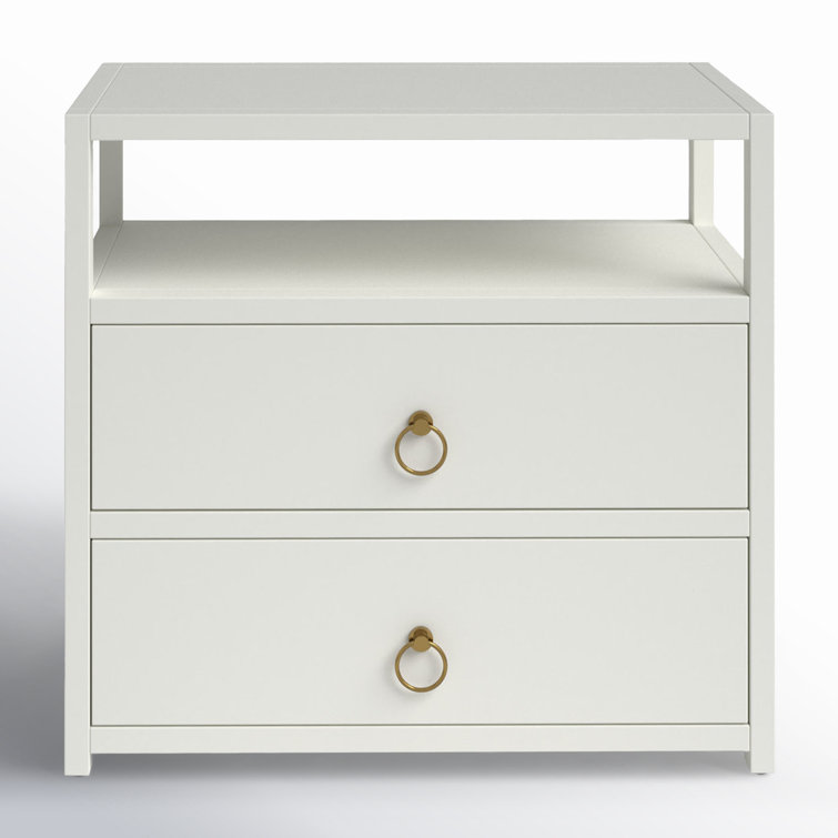 White Acacia 2-Drawer Nightstand with Brass Ring Pulls