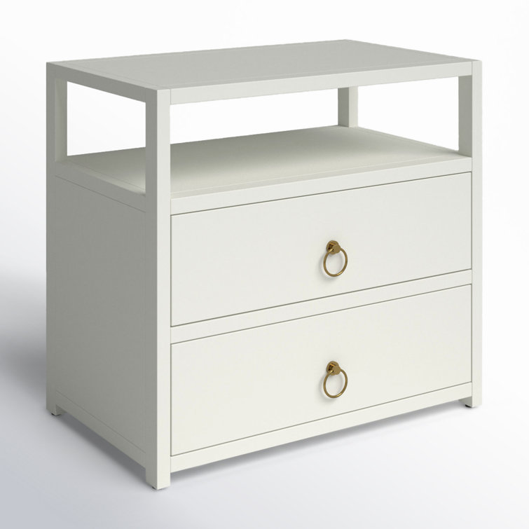 White Acacia 2-Drawer Nightstand with Brass Ring Pulls