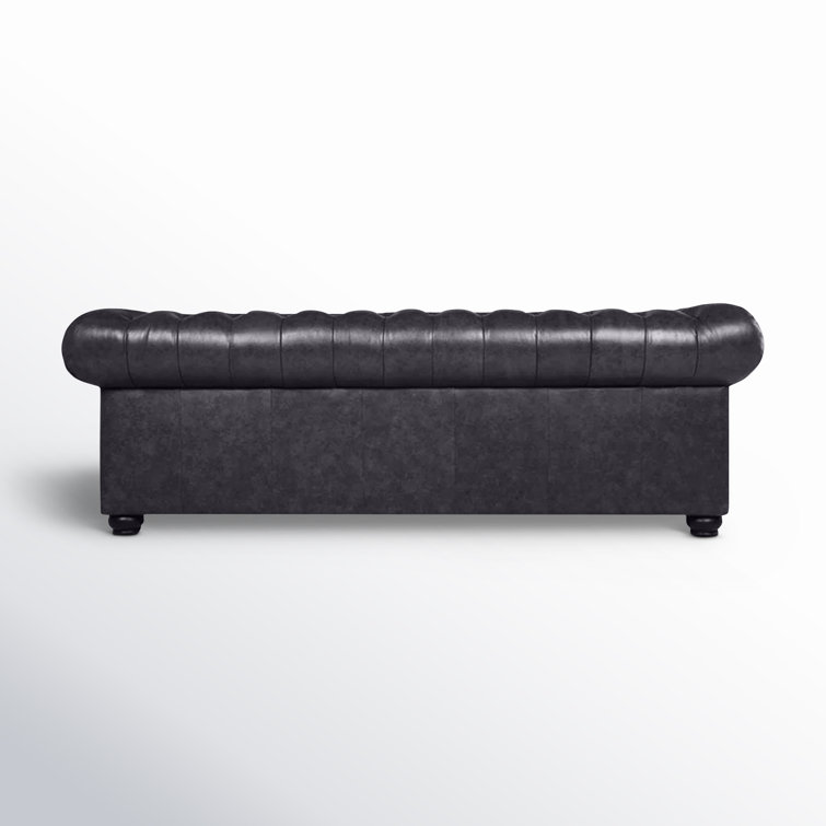 Espresso Finish 95" Grey Genuine Leather Chesterfield Sofa
