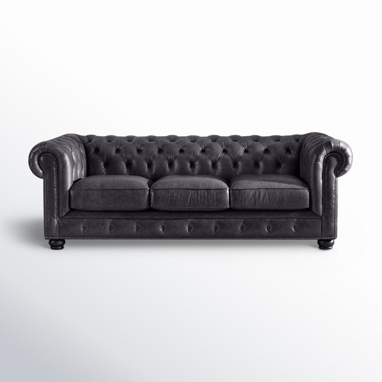 Espresso Finish 95" Grey Genuine Leather Chesterfield Sofa