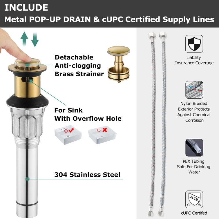 Brushed Gold 2-Handle Waterfall Bathroom Faucet with Drain Assembly