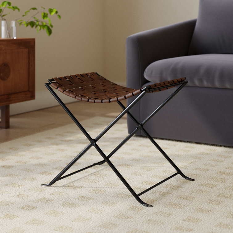 Rustic Charm Black Iron and Brown Leather Stool with Nailhead Trim