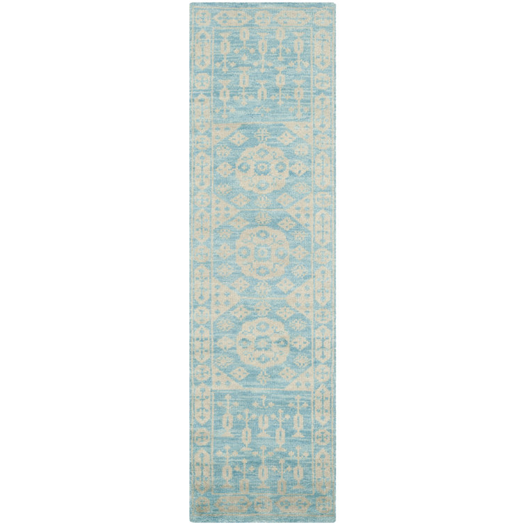 Kenya Hand-Knotted Blue Wool Geometric Runner Rug