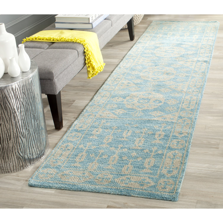 Kenya Hand-Knotted Blue Wool Geometric Runner Rug