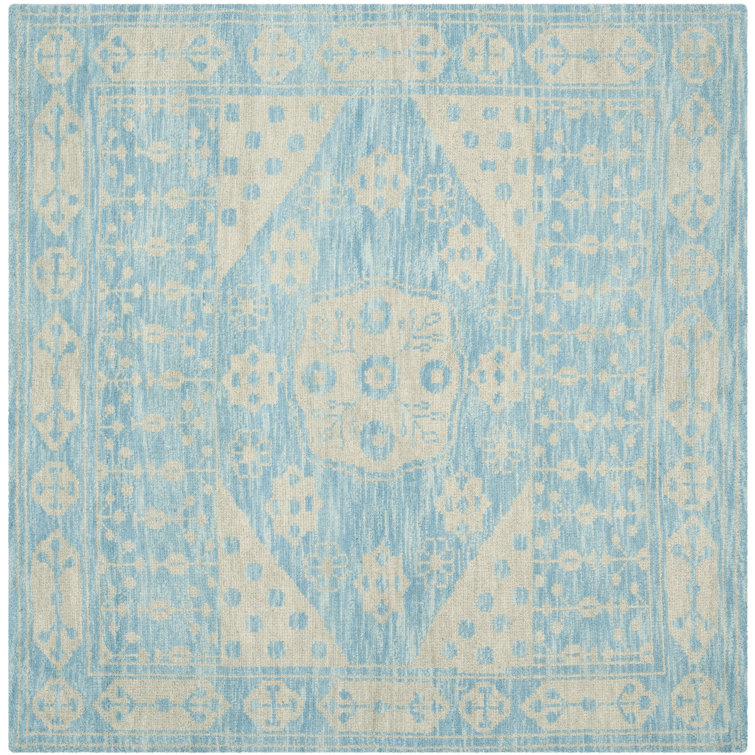 Kenya Hand-Knotted Wool Square Area Rug in Light Blue