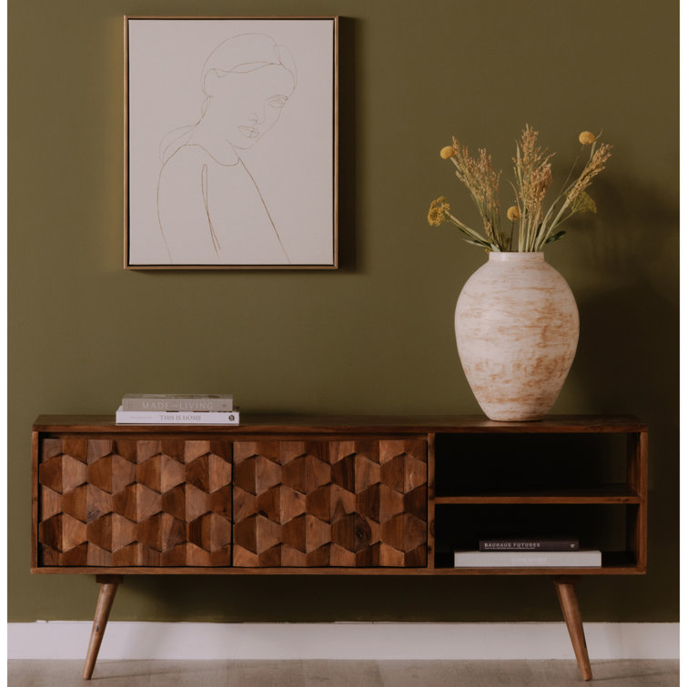 Mid-Century Modern Sheesham Wood 57'' TV Console with Fireplace