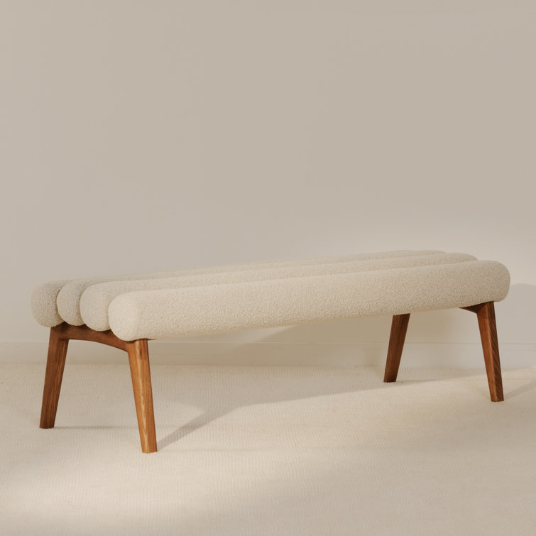 Ash Wood Straight Leg Bench with White Boucle Upholstery