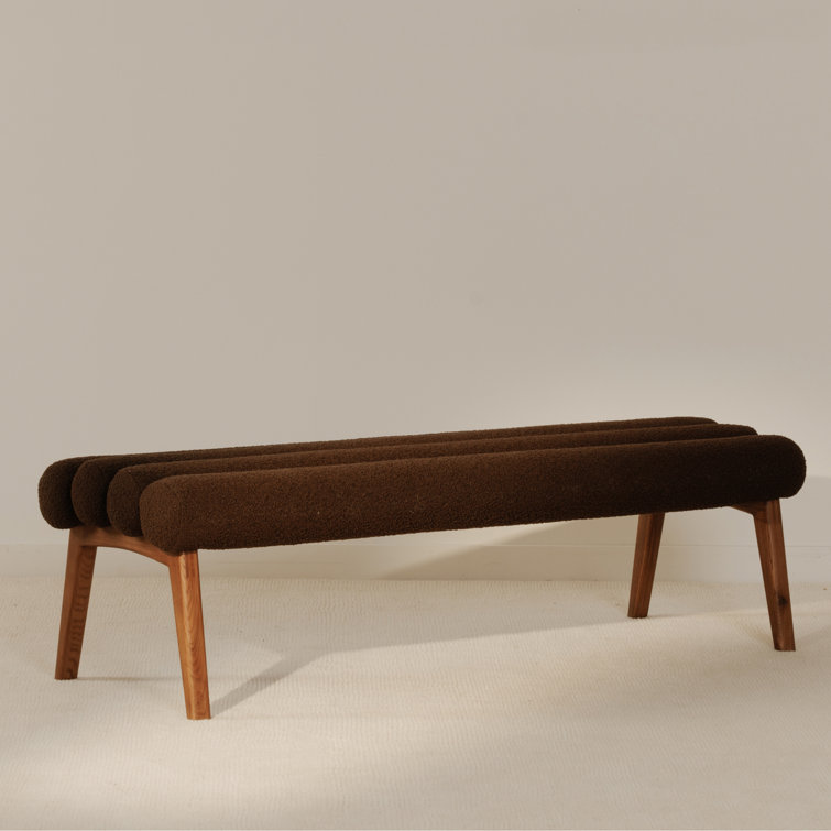 Dark Brown Polyester Upholstered Bench with Ash Wood Legs