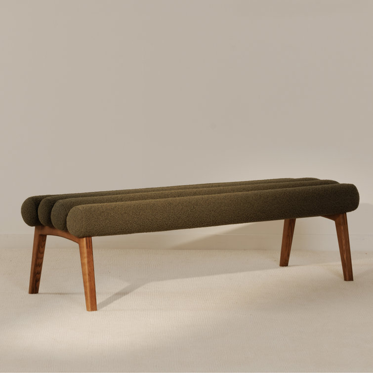 Green Polyester Upholstered Bench with Ash Wood Legs
