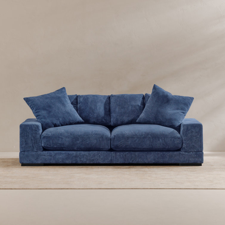 Blue Corduroy Polyester Sofa with Square Arms and Ottoman