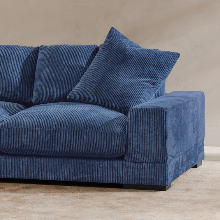 Blue Corduroy Polyester Sofa with Square Arms and Ottoman
