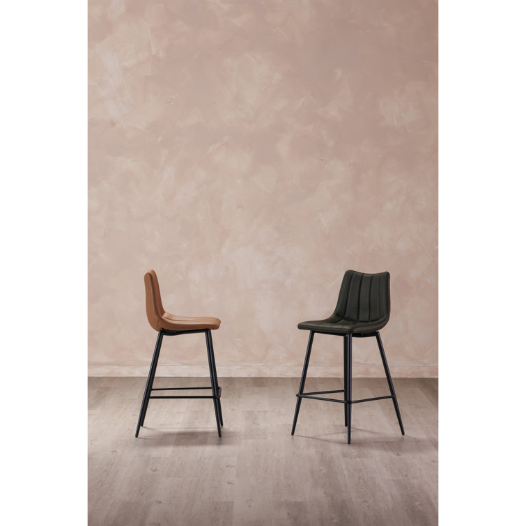 Brown Faux Leather Low Back Counter Stools with Steel Frame, Set of 2