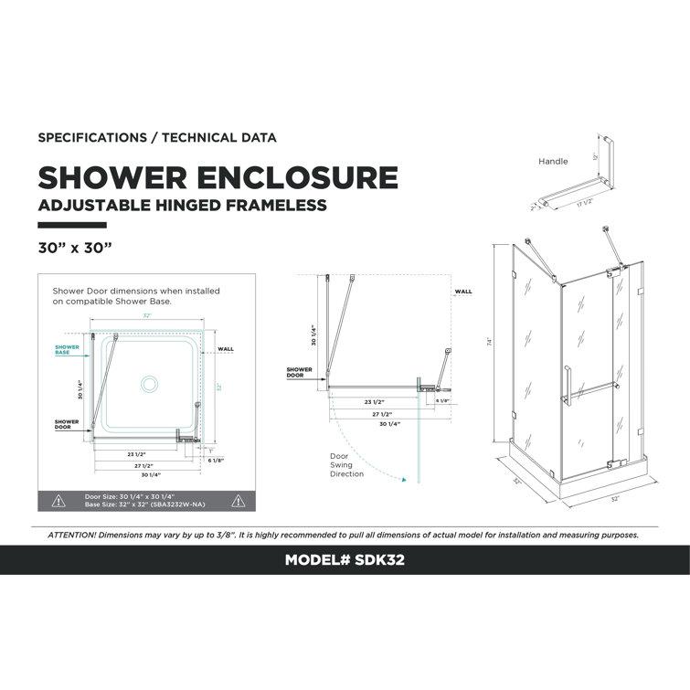 Frameless Hinged Clear Tempered Glass Shower Enclosure with Satin Brass Finish
