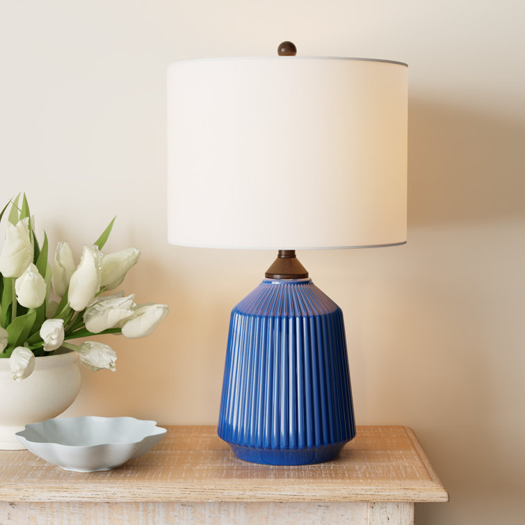 Blue Ceramic Table Lamp with White Linen Shade