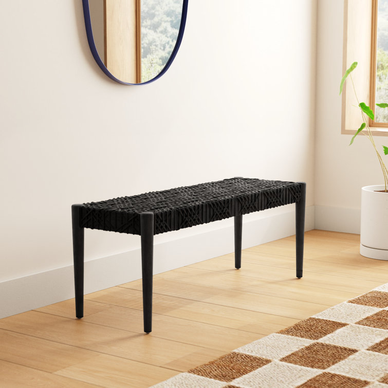 Alpine Elegance Black Cowhide Leather and Teak Bench, 47"