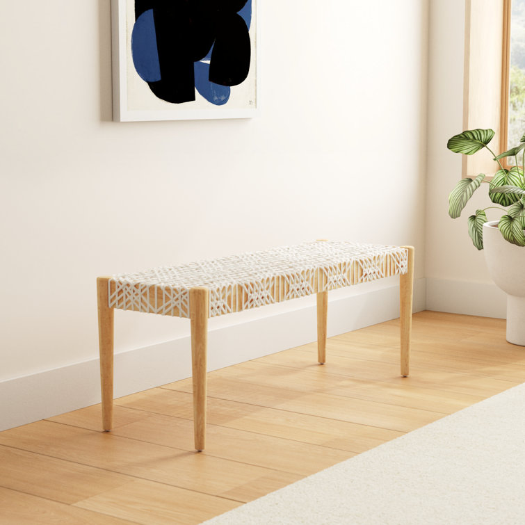 Transitional Natural Teak & Brown Leather Weave Bench, 47"