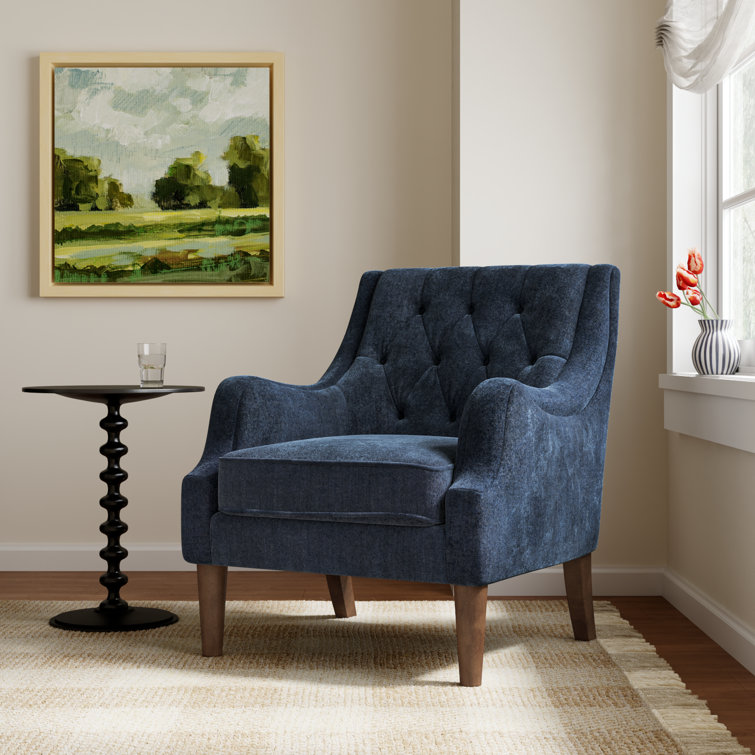 Elegant Navy Velvet Wood Accent Chair with Button Tufting