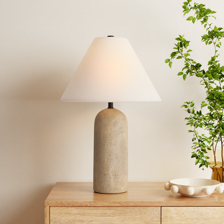 Large Travertine Table Lamp with White Linen Shade