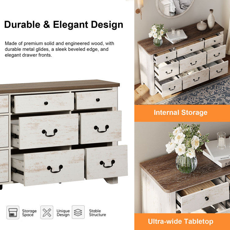White and Brown Solid Wood Farmhouse Bedroom Set with Charging Station