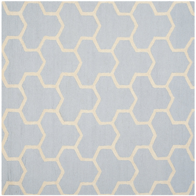 Light Blue and Ivory Geometric Hand-Tufted Wool Square Rug