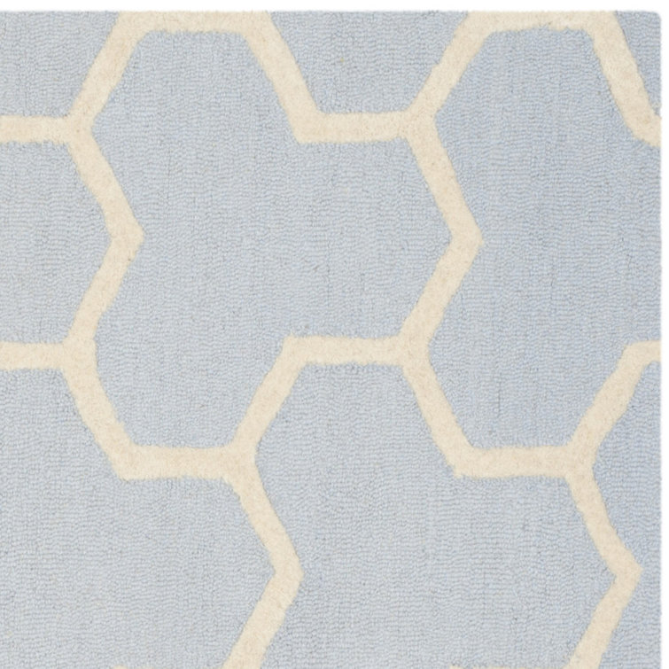 Light Blue and Ivory Geometric Hand-Tufted Wool Square Rug