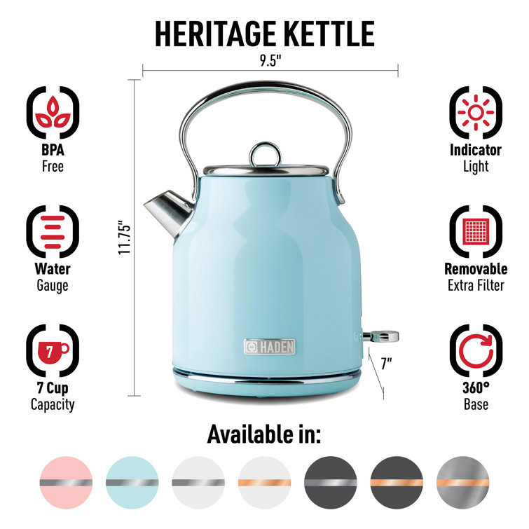 Turquoise Stainless Steel 1.8 qt Electric Kettle with Comfort Grip