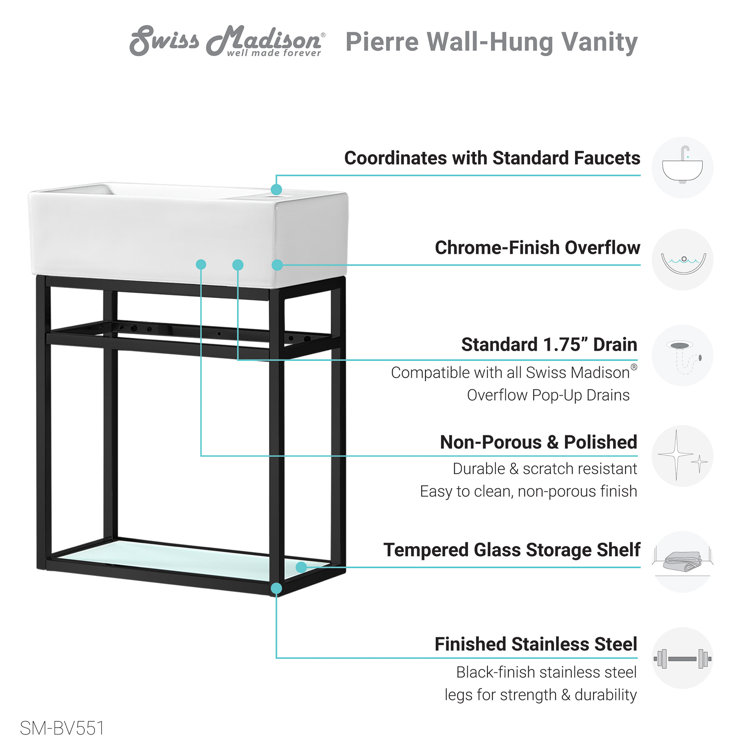 19'' Black Stainless Steel Floating Bathroom Vanity with Glossy White Ceramic Top