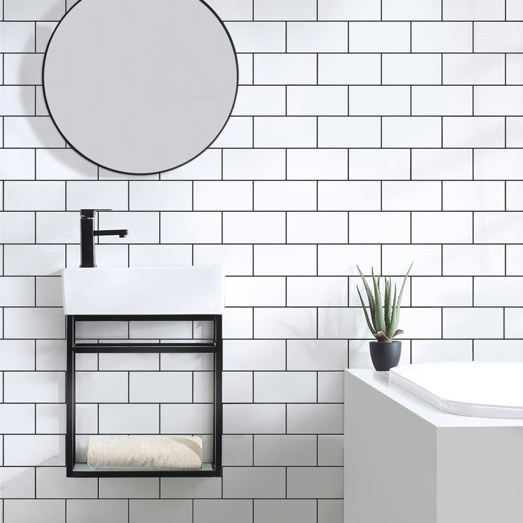 19'' Black Stainless Steel Floating Bathroom Vanity with Glossy White Ceramic Top