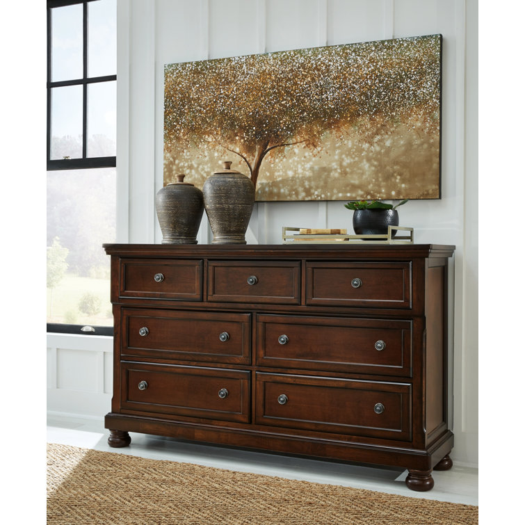 Transitional Brown 65'' Dresser with Mirror and Dovetail Drawers