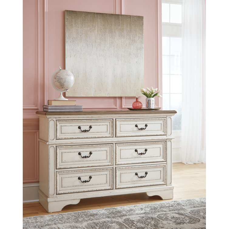 Cottage Charm White & Mahogany 6-Drawer Dresser with Mirror