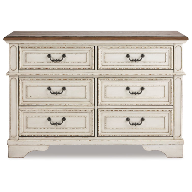 Cottage Charm White & Mahogany 6-Drawer Dresser with Mirror