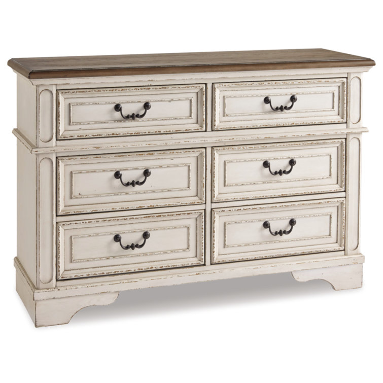 Cottage Charm White & Mahogany 6-Drawer Dresser with Mirror