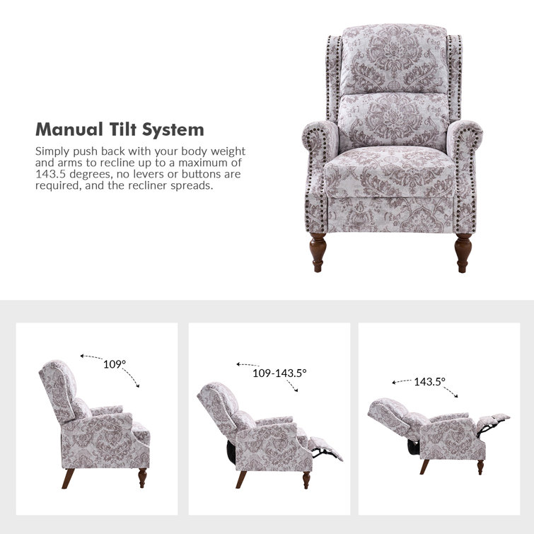 Beige Floral Polyester Wingback Recliner with Wood Legs